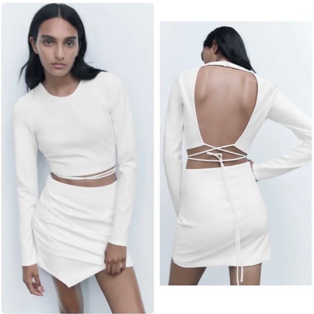 Zara White Long Sleeve Wrap Tie Crop Blouse
